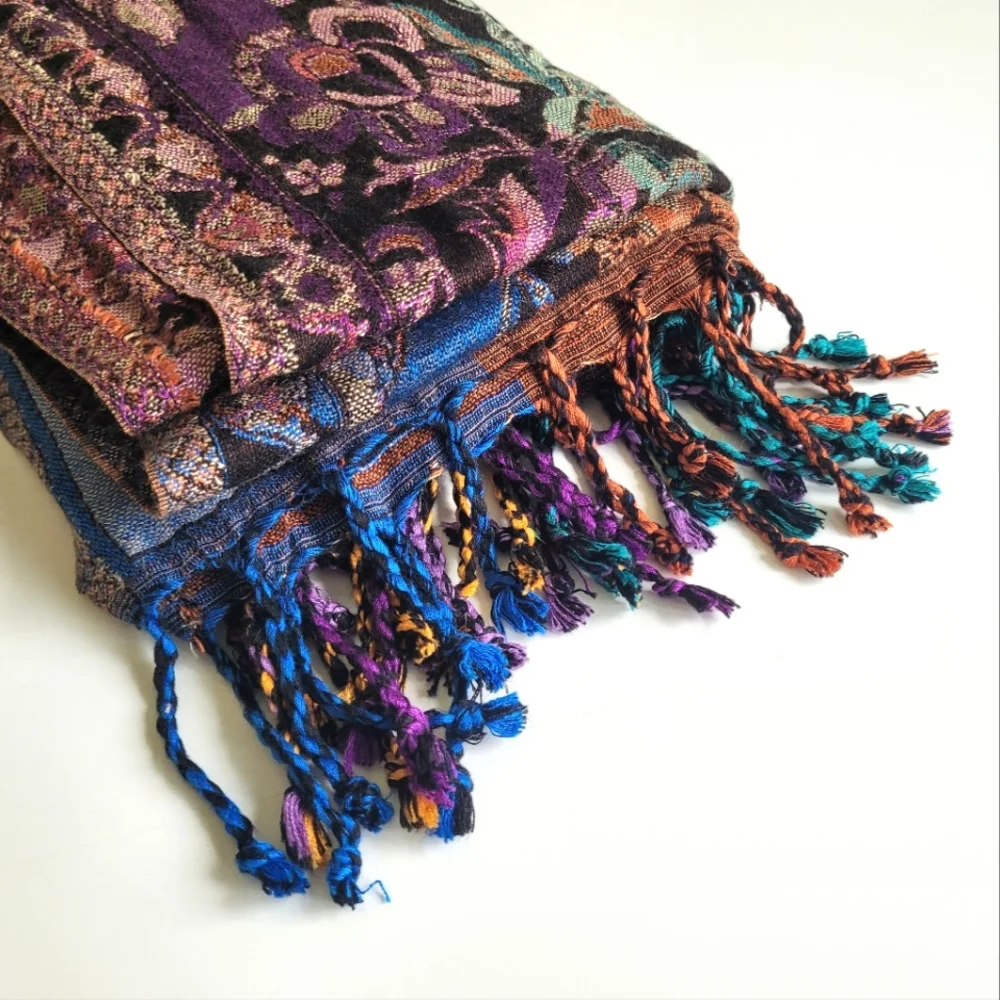 Boho Floral Paisley Scarf w Fringe Colorful Lightweight Bohemian